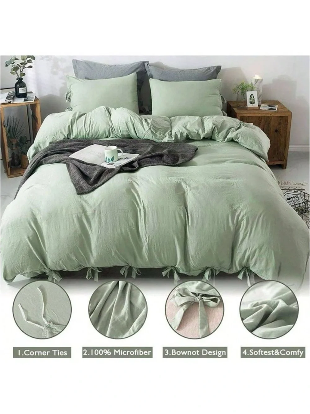 Sage Green Tied-Edge Duvet Cover Set 3 pieces 2 sham covers/ duvet Retails $60